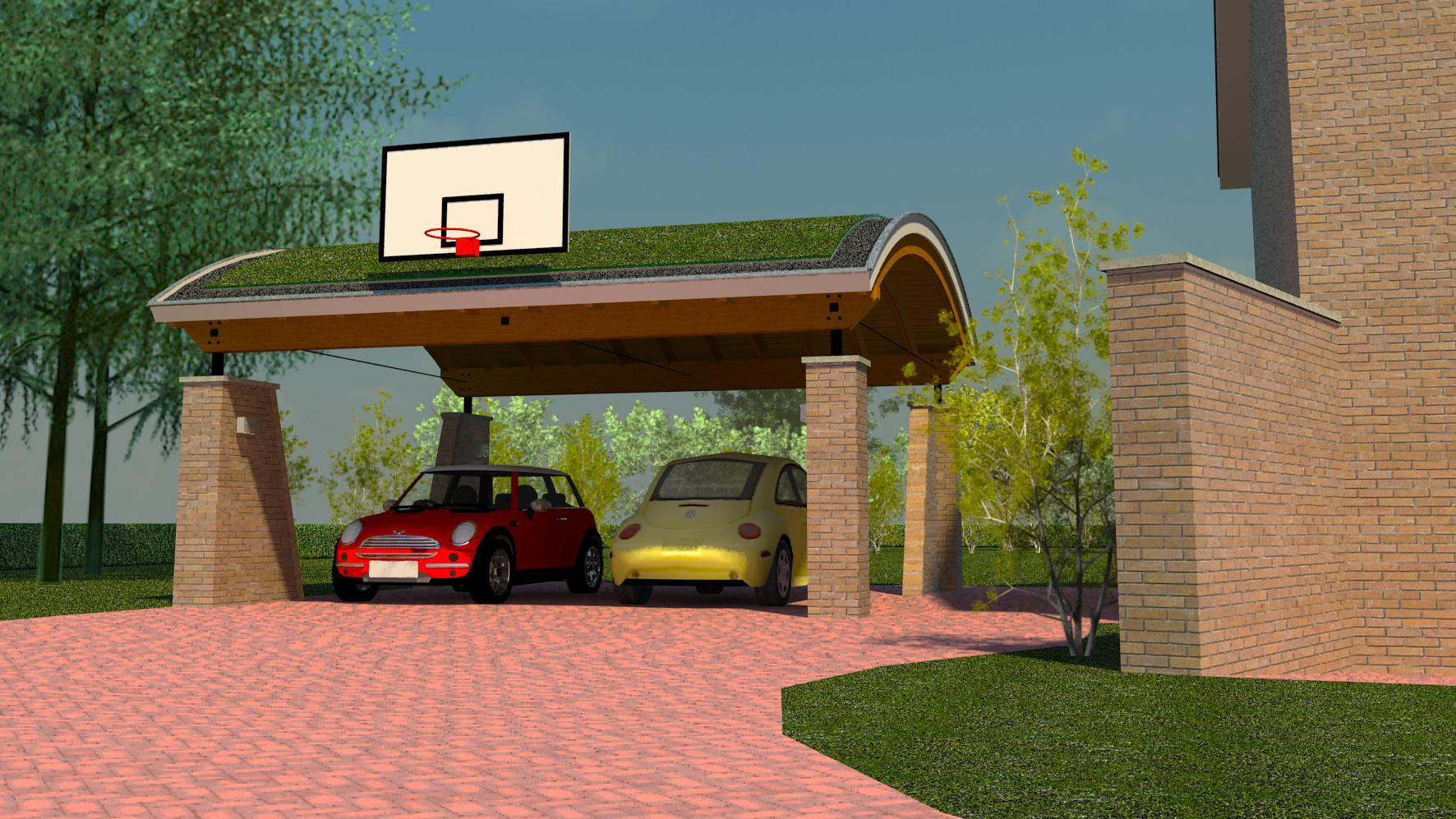 Architectuur Ontwerp Dubbele Carport Rond Dak Begroeid Dak Metselwerk Gelamineerd Hout Overdag Deventer ©Tijmen Bos Architecten