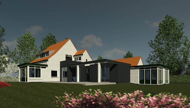 Moderne Aanbouw Bij Een Landelijke Villa Hout Zwart Baksteen Wit Tuin ©Tijmen Bos Architecten