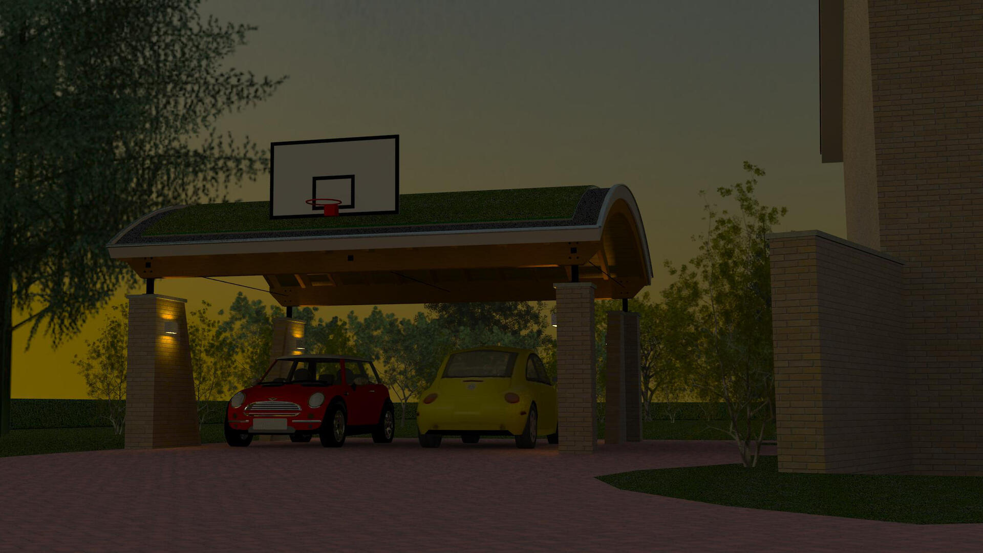 Architectuur Ontwerp Dubbele Carport Rond Dak Begroeid Dak Metselwerk Gelamineerd Hout Avond Deventer ©Tijmen Bos Architecten