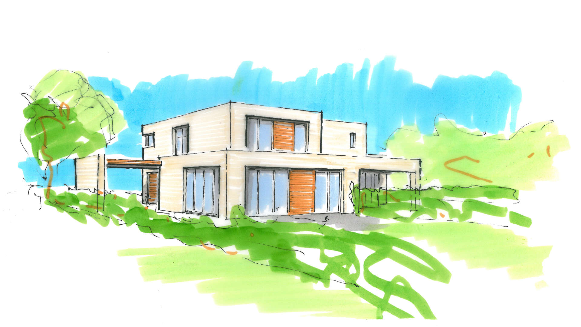 Moderne Dubbele Woning Carport Plat Dak Kubisitisch Ontwerp Metselwerk Accoya Hout Nieuwbouw Architect Deventer ©Tijmen Bos Architecten