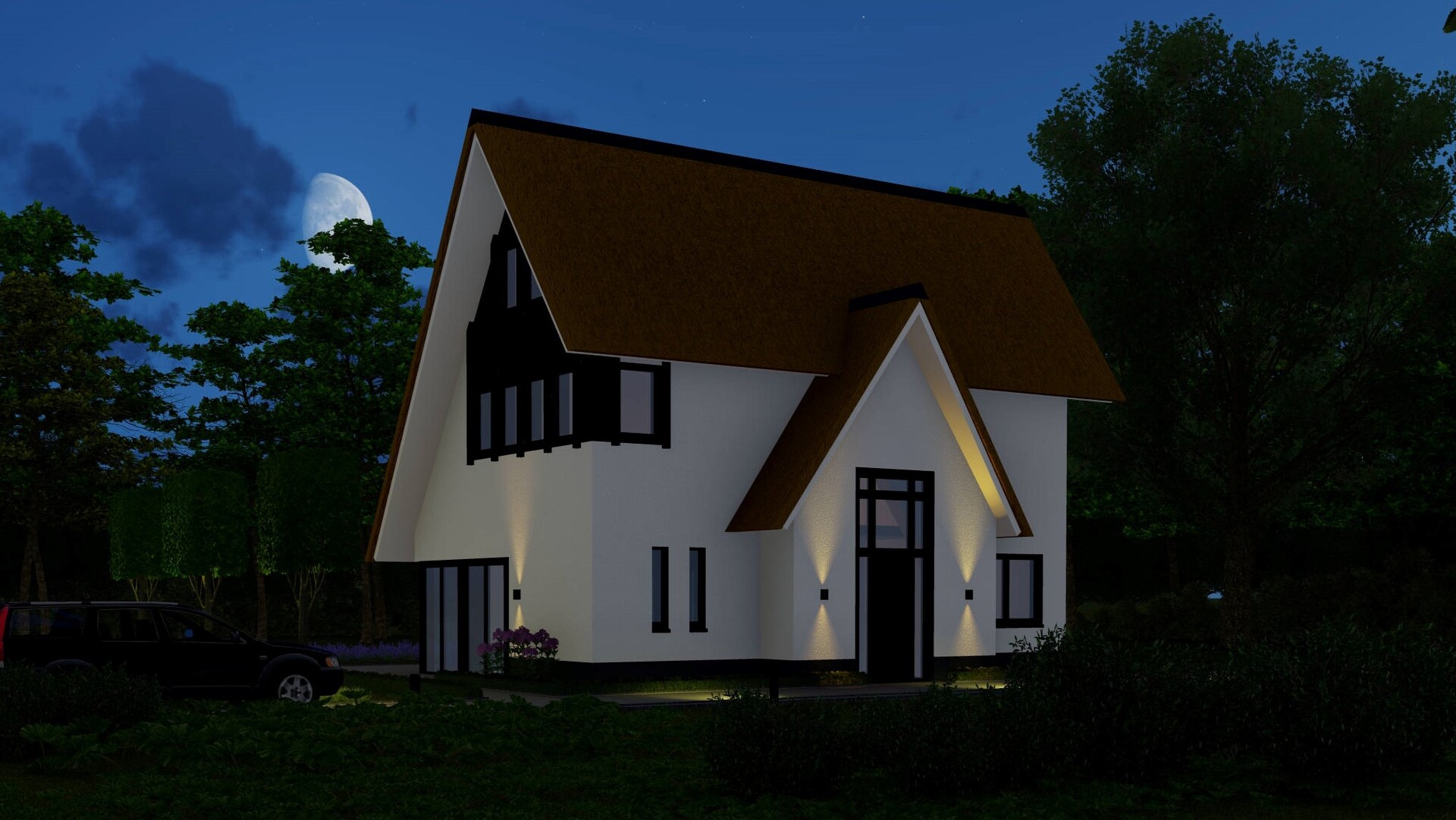 Moderne Woning Landelijk Riet Wit Stucwerk Zwarte Kozijnen Tuin ©Tijmen Bos Architecten