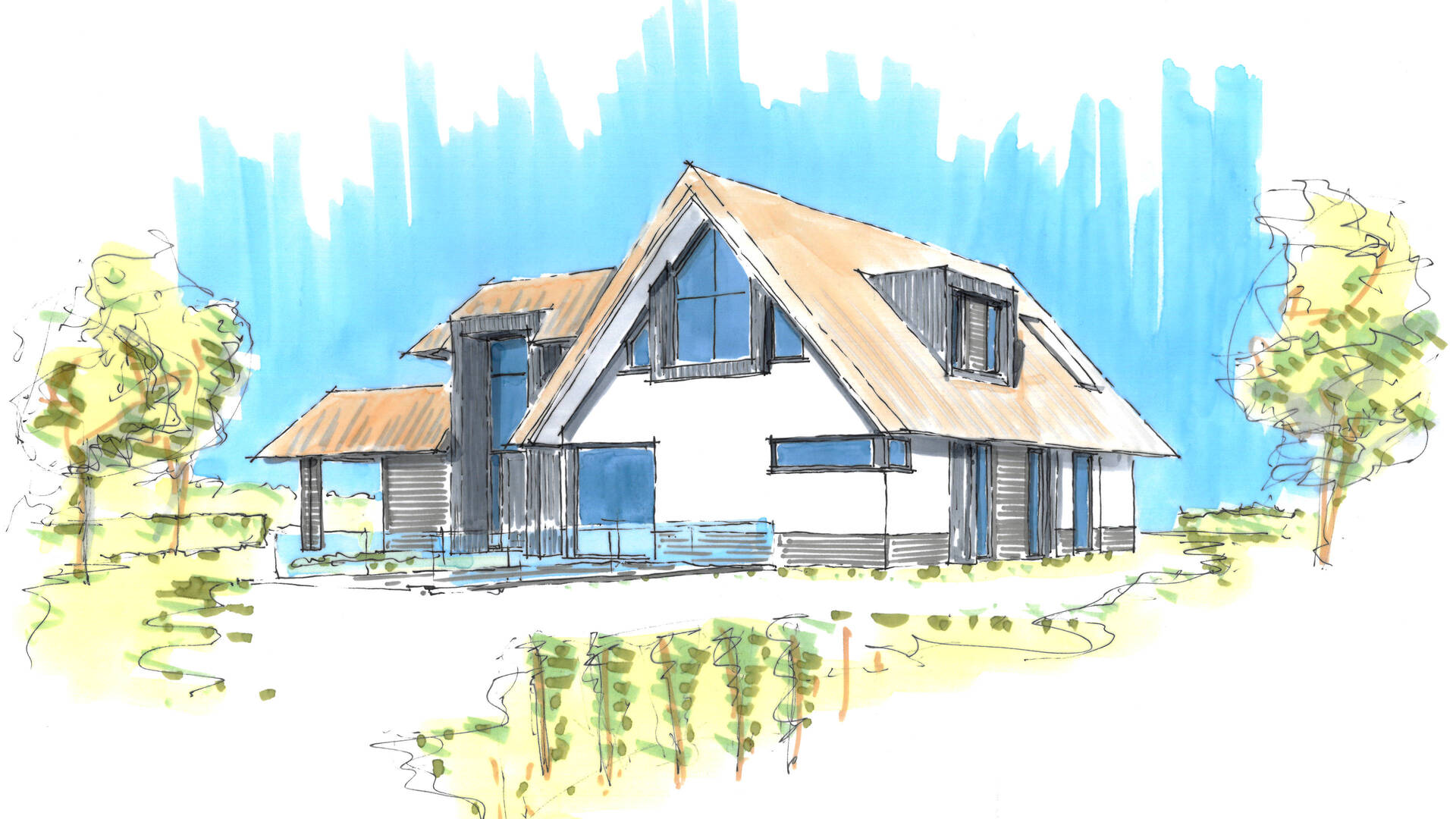 Rieten dak op een moderne landelijke villa