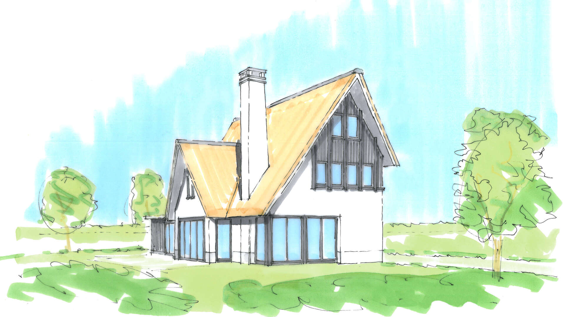 Moderne Woning Riet Wit Zwarte Kozijnen Grote Kap Met Accenten Hoge Schoorsteen Knus ©Tijmen Bos Architecten Deventer