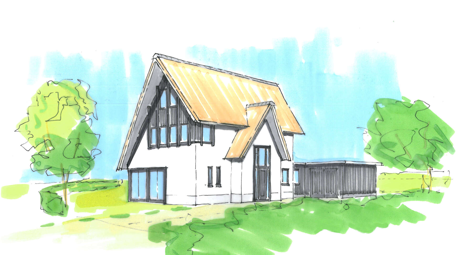 Moderne Woning Riet Wit Zwarte Kozijnen Grote Kap Met Accenten Entree Hoge Schoorsteen Knus ©Tijmen Bos Architecten Deventer